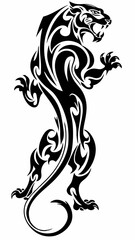 Fototapeta premium Bold Tribal Panther Design, Black and White Artwork of a Powerful Panther in Stalking Pose with Intricate Tribal Patterns, Majestic Panther with Flowing Tail and Defined Muscular Form