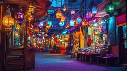 Obraz premium Enchanted Night Market: A Vibrant Display of Colorful Lanterns and Exotic Goods