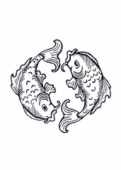 Fototapeta premium Elegant Black and White Illustration of Two Koi Fish Swimming in a Circular Formation, Intricate Design with Detailed Scales and Flowing Fins, Symbolic Yin-Yang Koi Fish Artwork