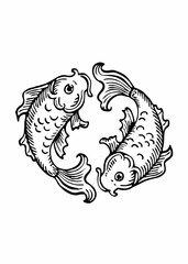 Elegant Black and White Illustration of Two Koi Fish Swimming in a Circular Formation, Intricate Design with Detailed Scales and Flowing Fins, Symbolic Yin-Yang Koi Fish Artwork
