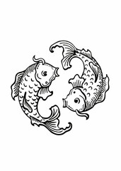 Elegant Black and White Illustration of Two Koi Fish Swimming in a Circular Formation, Intricate Design with Detailed Scales and Flowing Fins, Symbolic Yin-Yang Koi Fish Artwork