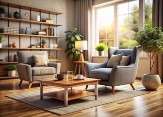 A 3D rendered tilt-shift photo depicts a cozy, modern living room with comfortable seating and a side table.