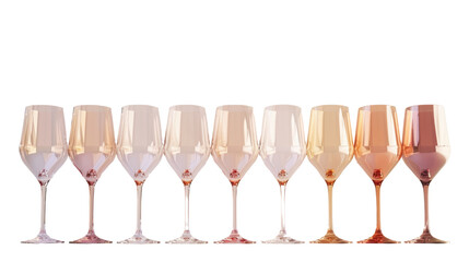 Eight elegant wine glasses creating a gradient with transparent background