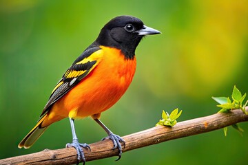 Fototapeta premium A Baltimore Oriole, a splash of color, finds refuge on a verdant branch, a captivating nature moment captured.