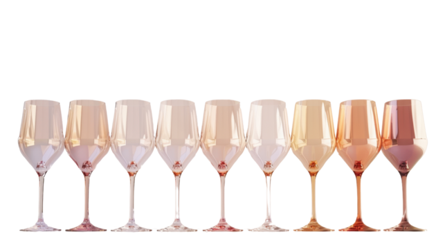 Eight elegant wine glasses creating a gradient with transparent background