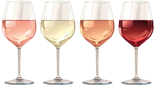 Four wine glasses showing different wine types on transparent background
