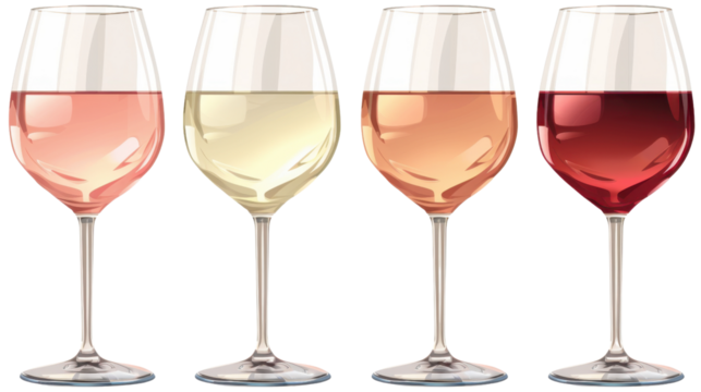 Four wine glasses showing different wine types on transparent background