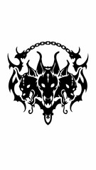 Intense Three-Headed Wolf with Chain, Black and White Illustration of a Ferocious Wolf with Three Heads Connected by a Chain, Bold Tribal Design with Sharp Teeth and Snarling Expressions