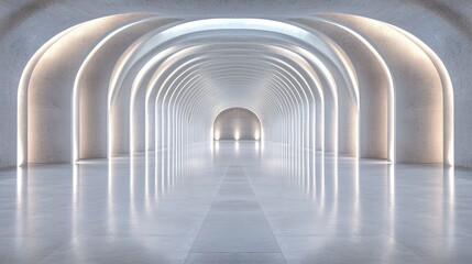 Illuminated arched hallway, modern architecture, reflective floor, empty space, architectural design