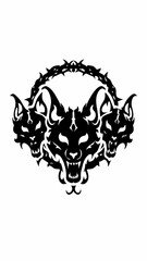 Intense Three-Headed Wolf with Chain, Black and White Illustration of a Ferocious Wolf with Three Heads Connected by a Chain, Bold Tribal Design with Sharp Teeth and Snarling Expressions