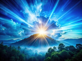 Fototapeta premium Abstract celestial art: a double exposure of a blue sunburst, creating a mystical, dreamlike sunrise.