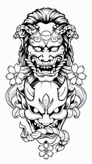 Intricate Japanese Mythical Lion and Oni Mask Artwork, Fearsome Lion with Oni Face and Floral Embellishments, Bold Black and White Design with Traditional Japanese Mask and Animal Motifs