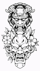 Intricate Japanese Mythical Lion and Oni Mask Artwork, Fearsome Lion with Oni Face and Floral Embellishments, Bold Black and White Design with Traditional Japanese Mask and Animal Motifs