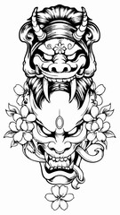 Intricate Japanese Mythical Lion and Oni Mask Artwork, Fearsome Lion with Oni Face and Floral Embellishments, Bold Black and White Design with Traditional Japanese Mask and Animal Motifs