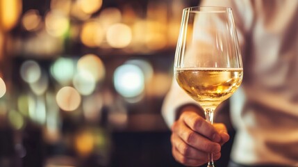 person holding glass of white wine at bar