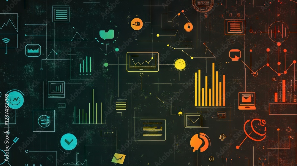 Poster abstract data visualization network graphic design: interconnected icons and charts illustrating dig