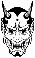 Intricate Japanese Oni Mask Illustration, Traditional Demon Mask with Horns and Sharp Teeth, Bold Black and White Artwork of a Fearsome Oni Face with Unique Detailing
