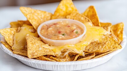 Nachos with cheese and salsa, close-up shot