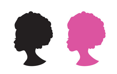 Doll head vector illustration, black and pink woman head, doll silhouette, woman silhouette, ponytail. Images can be used as greeting cards, stickers, posters, prints on t-shirts, hats, etc.