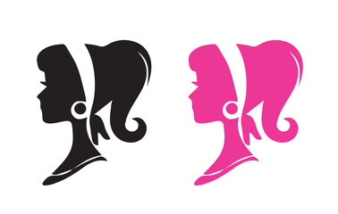 Doll head vector illustration, black and pink woman head, doll silhouette, woman silhouette, ponytail. Images can be used as greeting cards, stickers, posters, prints on t-shirts, hats, etc.