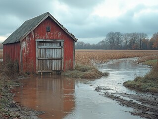 Red barn flooded by muddy water in autumn field