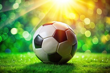 Fototapeta premium A striking soccer ball portrait, its texture highlighted against a lush green background.