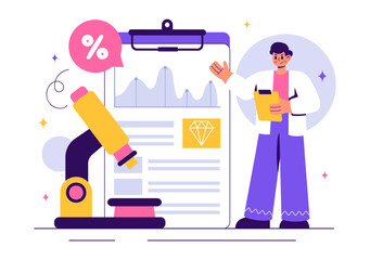 Vector Illustration of a Mineralogist Examining Natural Stones and Mineral Structures for Jewelry Making or Chemical Reactions in a Flat Background