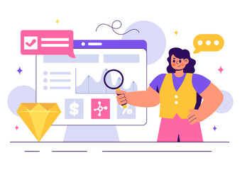 Vector Illustration of a Mineralogist Examining Natural Stones and Mineral Structures for Jewelry Making or Chemical Reactions in a Flat Background