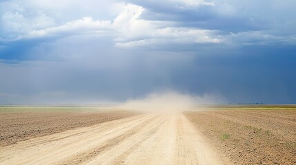 Naklejka premium Dusty road towards storm clouds over farmland. Nature photography for travel and weather reports