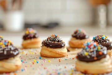 Chocolate pastries with colorful sprinkles