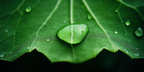 Big water droplet reflecting leaf veins rests on green leaf