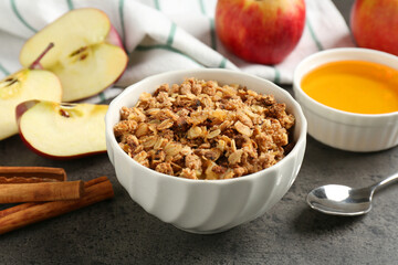Delicious apple crisp in bowl, fresh fruits, cinnamon sticks and honey on grey table, closeup