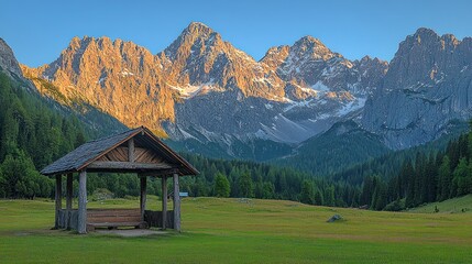 Obraz premium Majestic Mountain Vista with Serene Wooden Gazebo