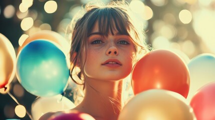 Fototapeta premium girl with balloons in sunlight