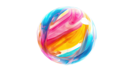 Colorful sphere rotating with transparent background, mixing colors and paint