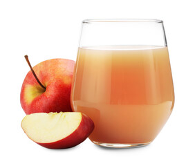Tasty apple juice and fresh fruits isolated on white
