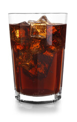 Glass of refreshing sweet soda water with ice cubes isolated on white