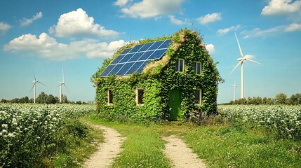 Eco-friendly house, solar panels, wind turbines, field. Sustainable living concept