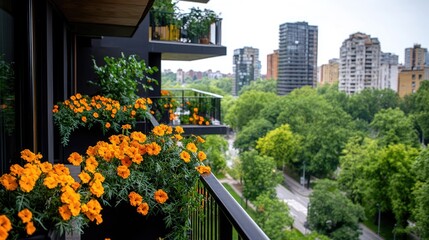 City Balcony Garden View Orange flowers bloom on a modern balcony overlooking a lush park and cityscape. Ideal for real estate or lifestyle