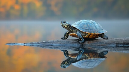 Obraz premium Turtle basking, autumn lake, misty morning, nature.
