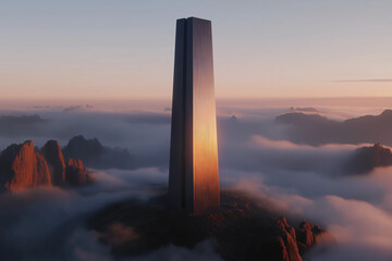 Monolith in a Misty Mountain Landscape at Sunset