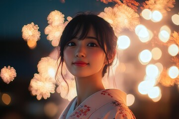 Japanese girl in a soft pink kimono, with fireworks reflecting off her eyes as she stands in awe, her face illuminated