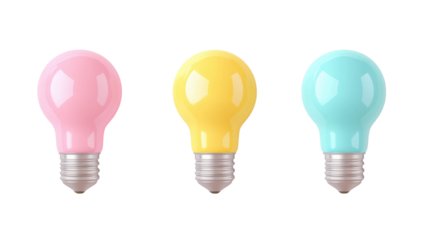 Pink, yellow and light blue light bulbs representing different ideas on transparent background