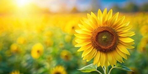 Obraz premium sunflower bloom, golden yellow petals, bright sunlight, green stem