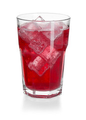 Sweet soda water with ice cubes in glass isolated on white