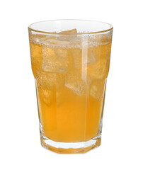 Sweet soda water with ice cubes in glass isolated on white