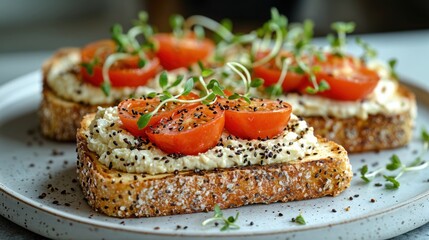Savor the sight of toasted bread topped with creamy spread, vibrant red tomatoes, and delicate microgreens, inviting everyone to enjoy a delightful brunch experience.