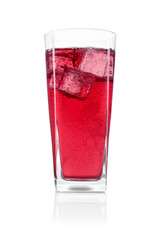 Sweet soda water with ice cubes in glass isolated on white