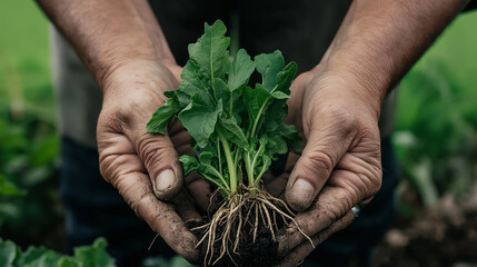 Farmer holding young plant demonstrating growth and sustainability