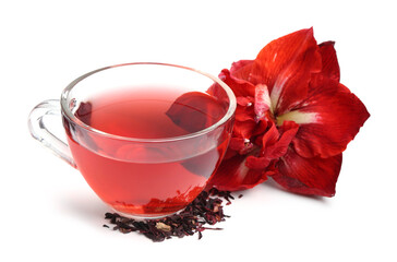 Tasty hibiscus tea in glass cup and flower isolated on white